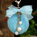 Sheer Bow Plush Pom Pom Keychain with Pearl and Crystal Drops view 2