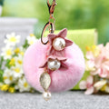 Twin Flower Plush Pom Pom Keychain with Pearl and Leaf Drops view 1