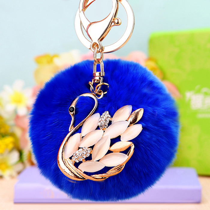 Swan Plush Pom Pom Keychain with Pale Petal Wing Accents