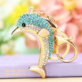 Jeweled Dolphin Keychain with Aqua Crystals and Gold Tone Body view 1