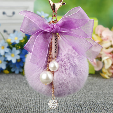 Sheer Bow Plush Pom Pom Keychain with Pearl and Crystal Drops