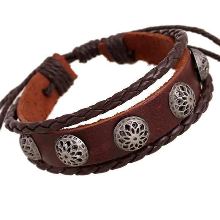 Vintage Punk Genuine Leather Beaded Bracelet, Woven Cowhide Bracelet For European American Style