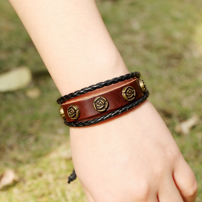 European American Fashion Cowhide Braided Bead Bracelet Antique Bronze Rose Charm Jewelry