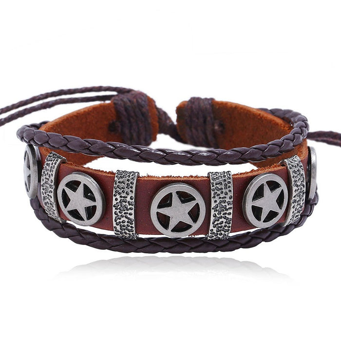 Simple Five Point Star Cowhide Bracelet, Adjustable Woven Leather Wristband For Export