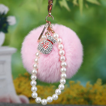 Faux Fur Pom Pom Keychains With Pearl Loops in Fifteen Colors
