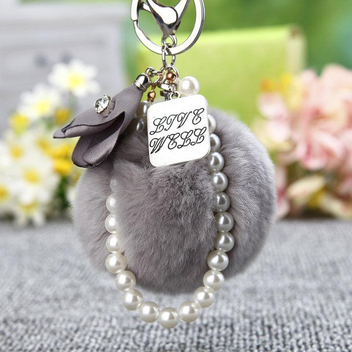 Faux Fur Pom Pom Keychains With Floral, Leaf and Letter Charms