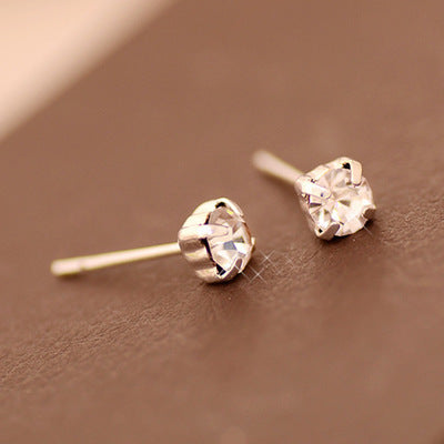 Silver Tone Clear Round Stone Simple Small Stud Earrings