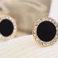Elegant Korean Style Round Black Enamel Studs With Rhinestone Halo Gold Alloy Fashion Earrings view 3