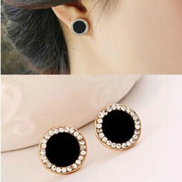 Elegant Korean Style Round Black Enamel Studs With Rhinestone Halo Gold Alloy Fashion Earrings