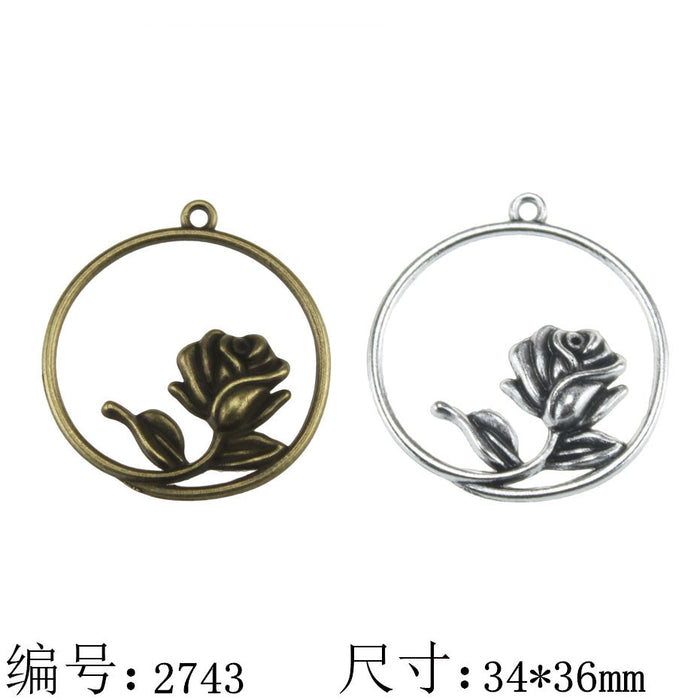 Alloy Rose Circle Charm Pendant for DIY Jewelry