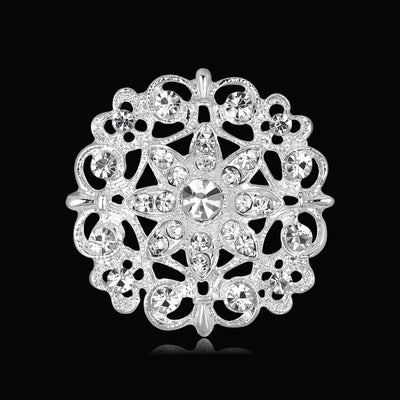 Front product view of the floral wreath brooch pin in black and silver