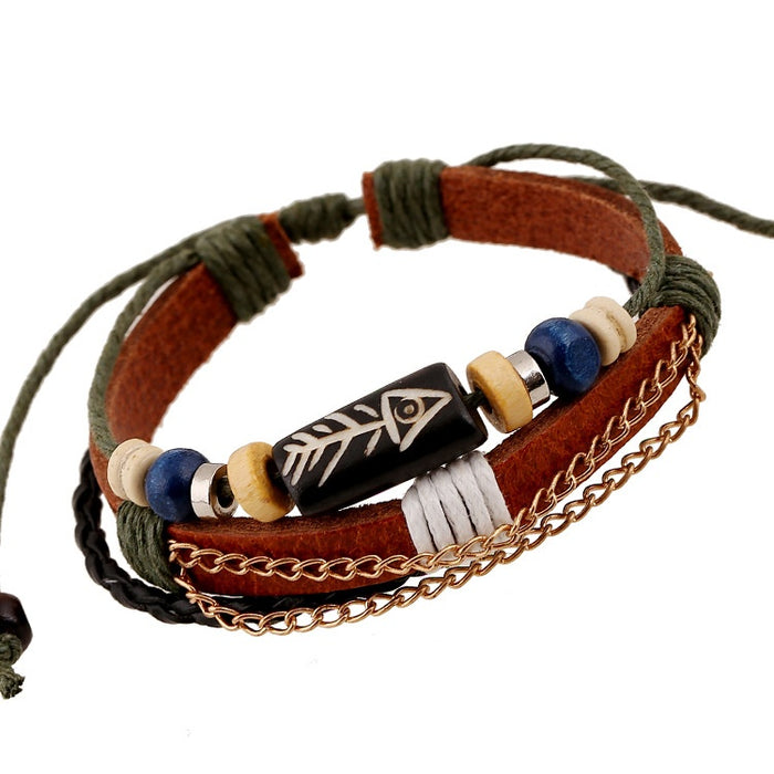 Vintage Beaded Fishbone Cowhide Leather Bracelet Adjustable Couple Student Wristband