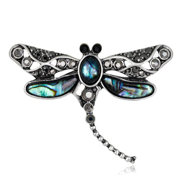Black Silver Tone Dragonfly Shell Metal Brooch Pin