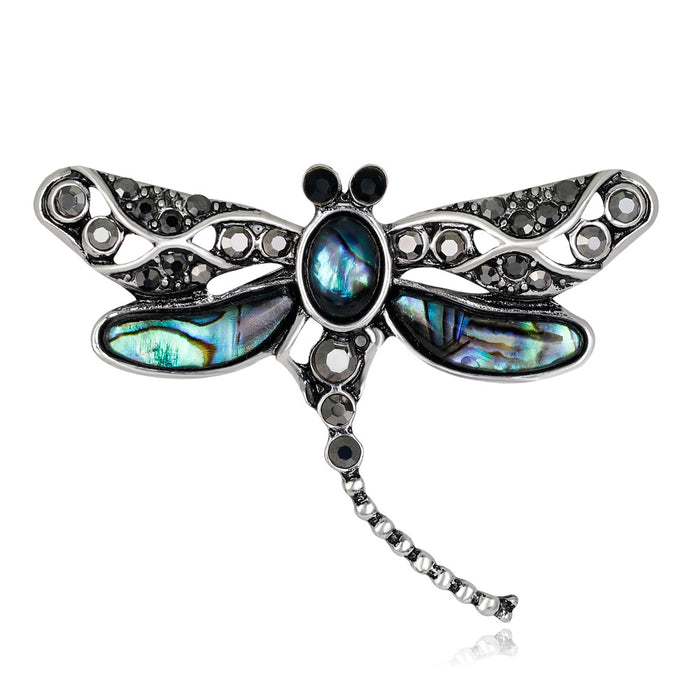Black Silver Tone Dragonfly Shell Metal Brooch Pin
