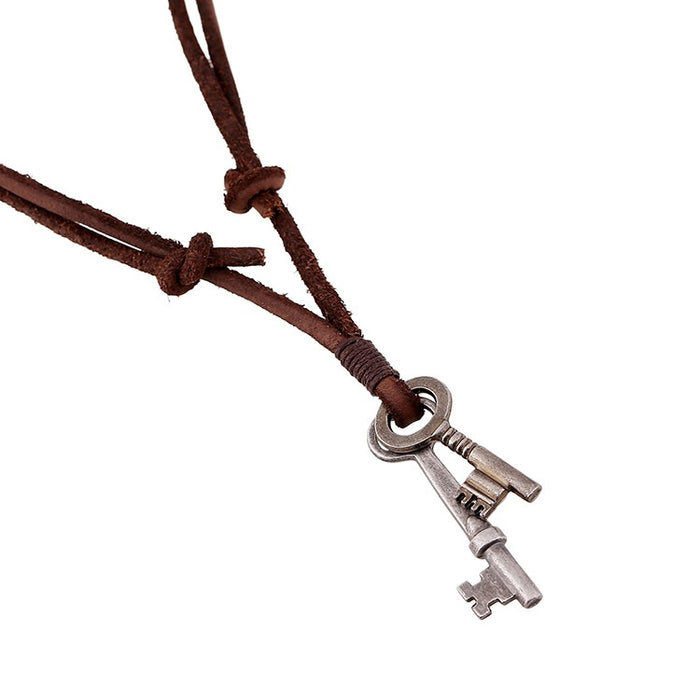 Punk Genuine Cowhide Leather Necklace For Men, Vintage Alloy Key Pendant European American Jewelry