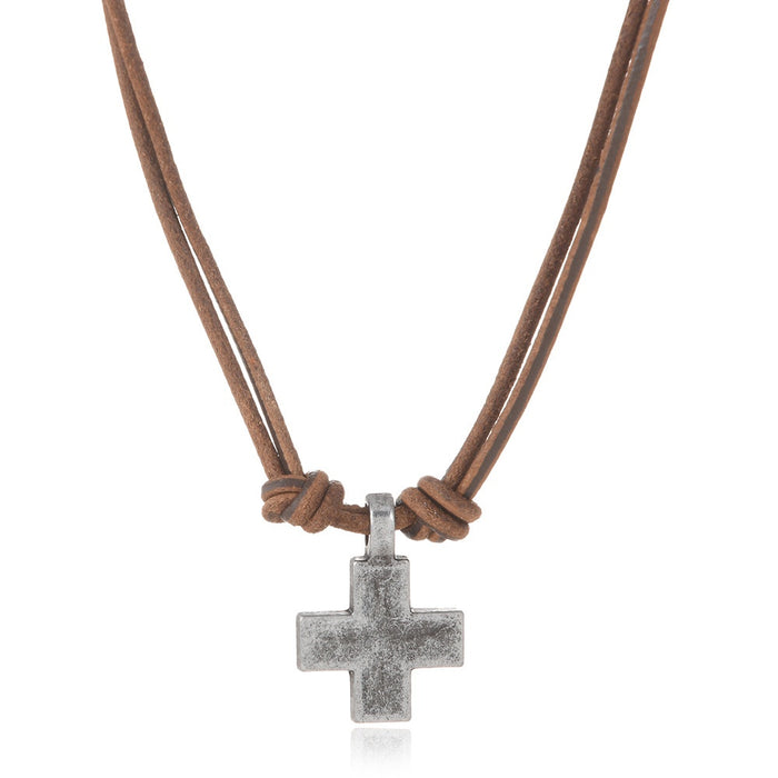 Simple Vintage Braided Cross Pendant Cowhide Leather Necklace, European Style Fashion Jewelry