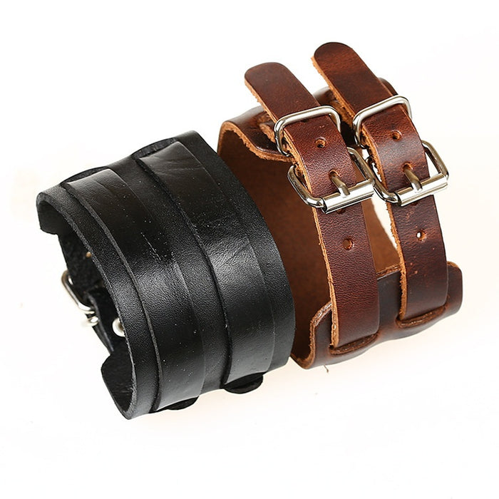 Punk Vintage Genuine Leather Wide Cuff Bracelet With Double Buckle, Unisex Cowhide Wristband Open Bangle