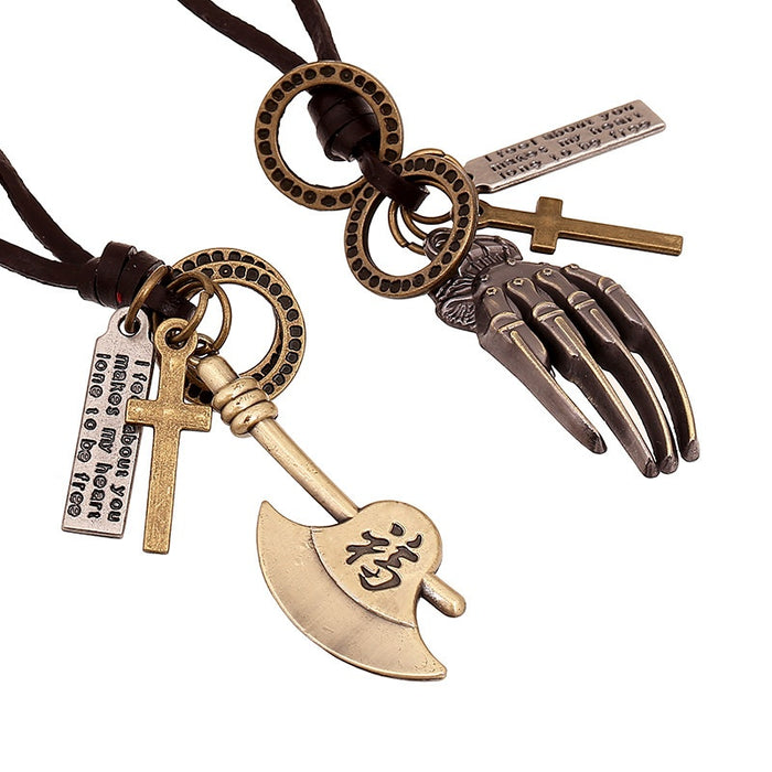 Vintage Genuine Leather Long Necklace With Axe And Palm Pendant For European American Jewelry