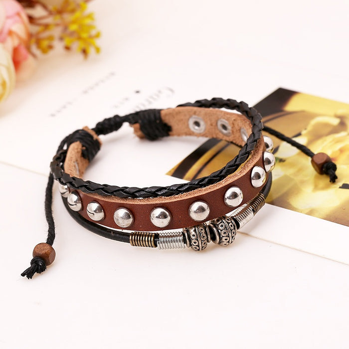 Vintage Beaded Leather Bracelet With Adjustable Single Row Rivets Cross Border Jewelry