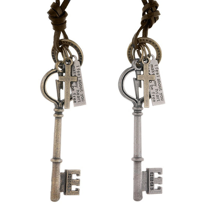 Simple European American Long Cowhide Necklace With Vintage Key Pendant Sweater Chain