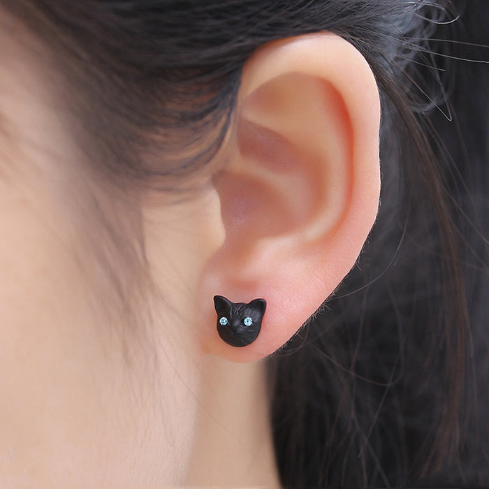 Black Gold and Silver Small Cat Face Stud Earrings