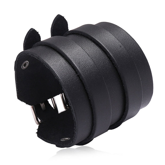 Men's Punk Simple Double Layer Wide Cowhide Leather Bracelet Genuine Leather Wristband
