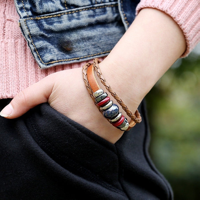 Punk Woven Cowhide Leather Student Couple Bracelet, Fashion Wristband For Online Sale