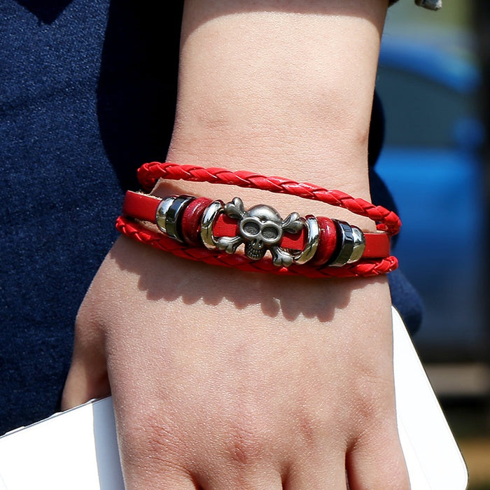 Simple Red Skull Leather Bracelet, European American Multilayer Beaded Friendship Wristband