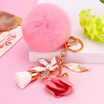 Floral Tassel Plush Pom Pom Keychains in Sixteen Colorways