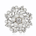 Silver Tone Pearl Crystal Floral Swirl Crystal Pearl Look Metal Brooch Pin view 1