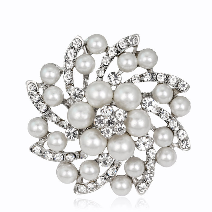 Silver Tone Pearl Crystal Floral Swirl Crystal Pearl Look Metal Brooch Pin