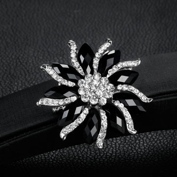 Black Silver Tone Flower Resin Metal Brooch Pin for Jackets and Lapels