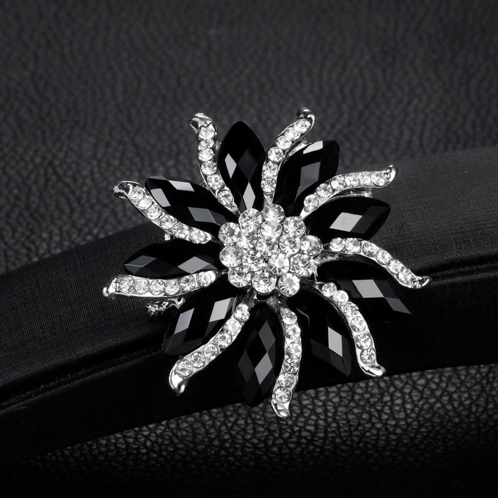 Black Silver Tone Flower Resin Metal Brooch Pin for Jackets and Lapels