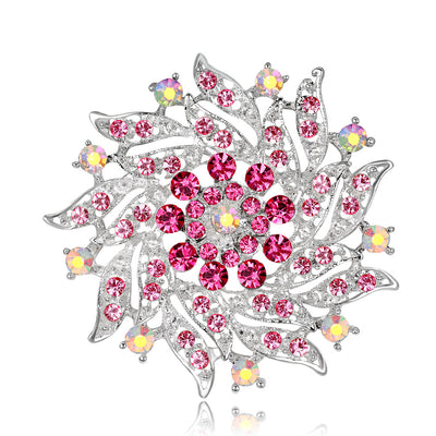 Front product view of the flower brooch pin in silver and pink