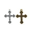 Ornate Cross Charm with scrollwork across a broad cross silhouette in 2 Metal Finishes view 4
