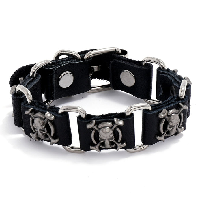 European American Punk Skull Connector Cowhide Leather Bracelet Trendy Men's Wristband