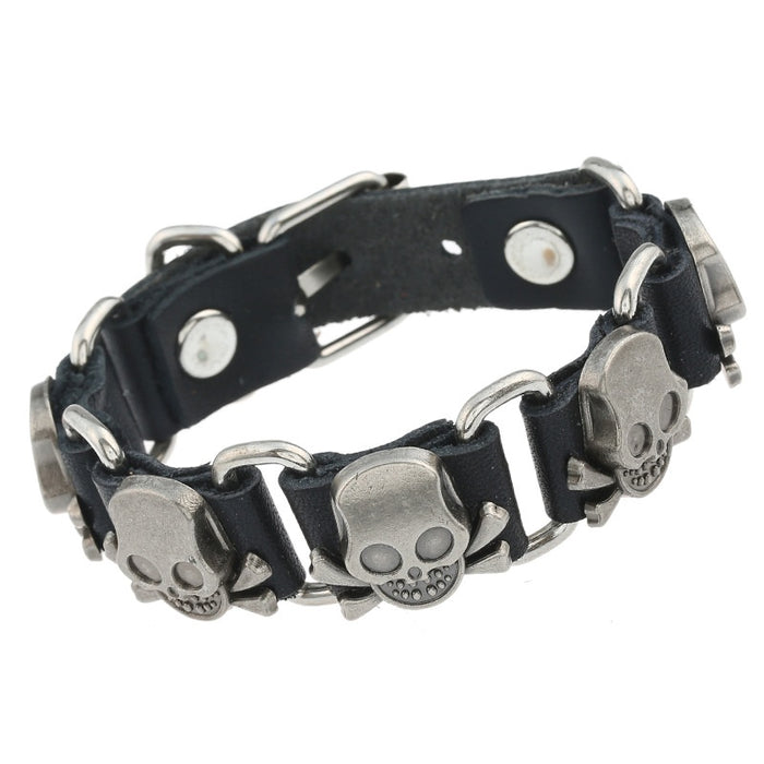 European American Punk Skull Connector Cowhide Leather Bracelet Street Men's Wristband