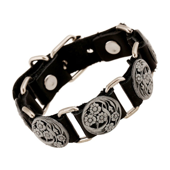 Punk Studded Genuine Leather Cuff Bracelet With Vintage Alloy Detail For Men, Wide Wristband Open Bangle