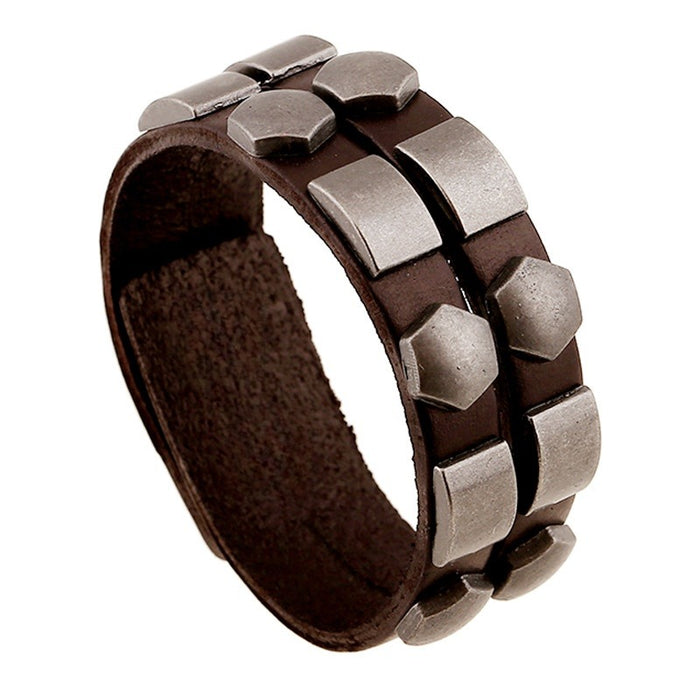 European American Punk Studded Genuine Leather Cuff, Vintage Alloy Men's Cowhide Bracelet