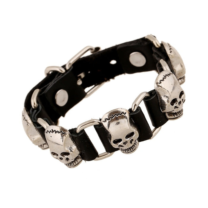 Punk Studded Genuine Leather Cuff Bracelet With Vintage Skull Alloy Charm For Men Open Bangle