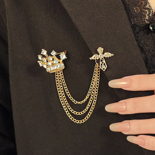 British Style Crystal Crown Chain Brooch For Women, Fashion Suit Shirt Badge Pin Accessory