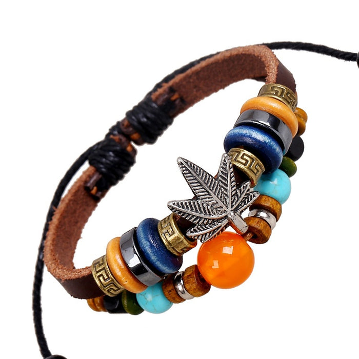 Export Vintage Beaded Maple Leaf Cowhide Bracelet Unisex Genuine Leather Jewelry