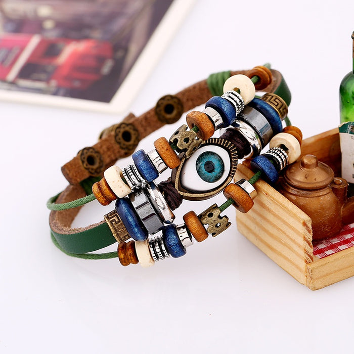 Trendy Beaded Evil Eye Cowhide Leather Bracelet Adjustable Pull Cord Couple Wristband