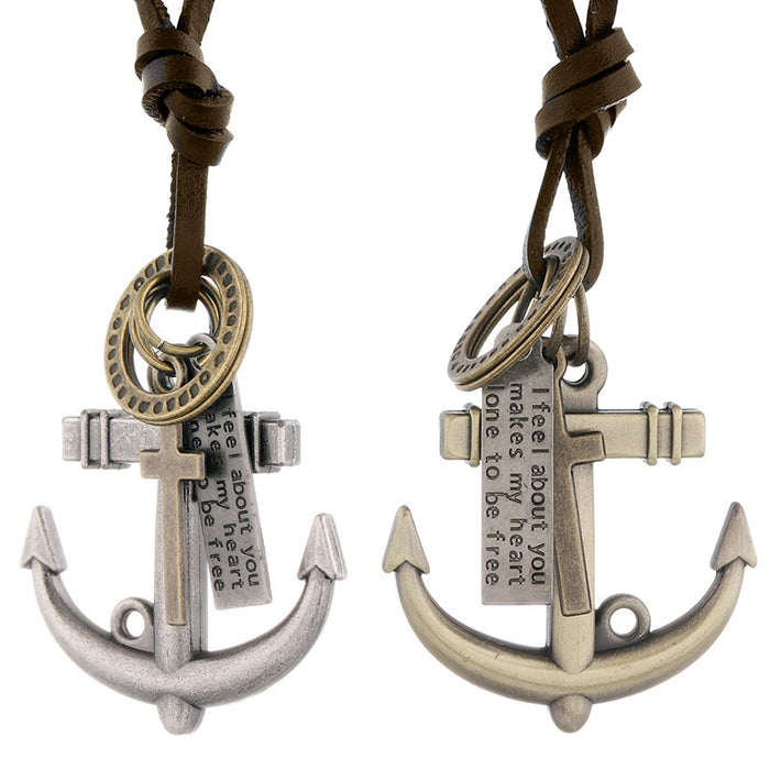 Men's Simple Adjustable Sliding Anchor Vintage Cowhide Leather Necklace Beach Fashion Accessory