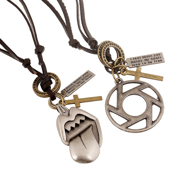 Direct Punk Cowhide Leather Necklace With Alloy Pendant, Long Genuine Leather Chain