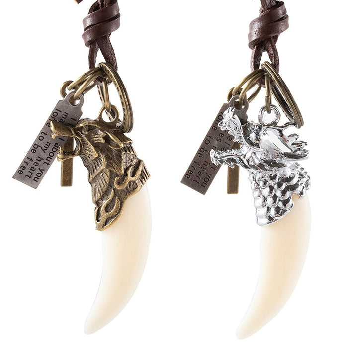 Trendy Rock Wolf Tooth Pendant Leather Necklace For Men, Long Sweater Chain