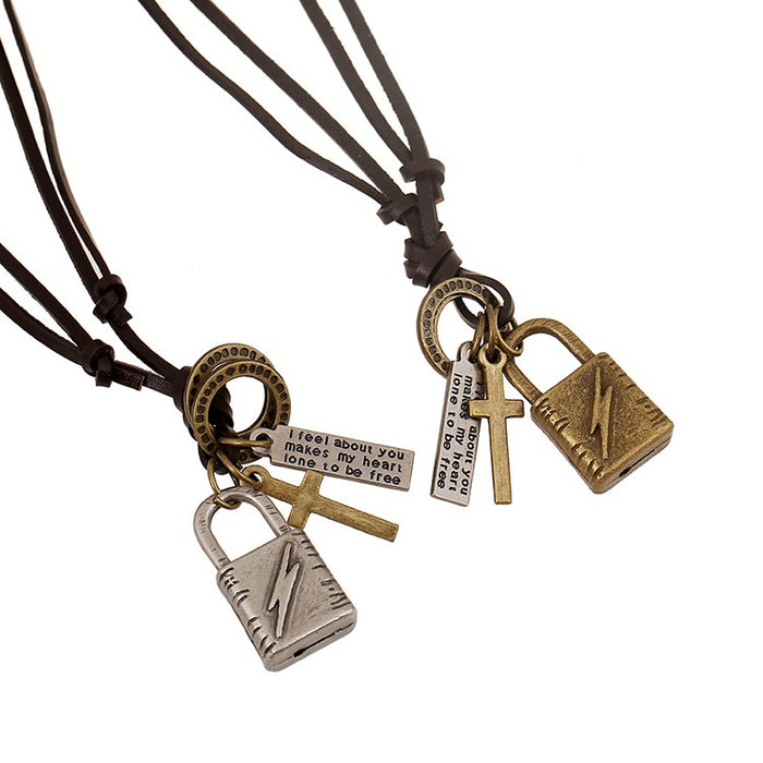 Direct European American Punk Cowhide Leather Necklace With Alloy Longevity Lock Pendant