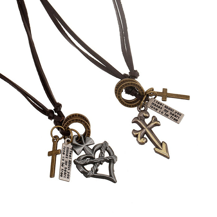Fashion Rock Genuine Leather Cowhide Necklace With Vintage Heart Pendant For Men