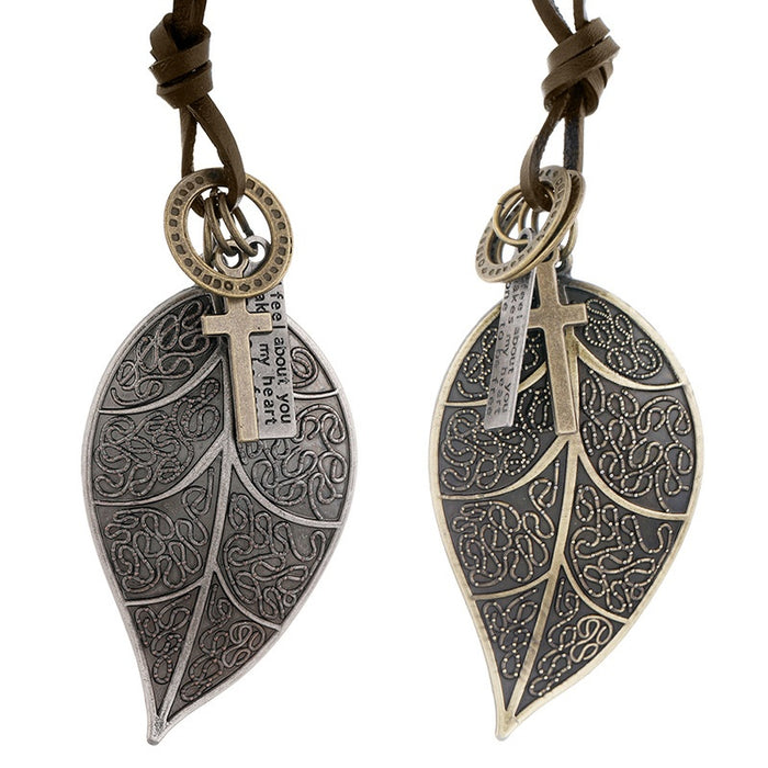 Vintage Punk Adjustable Cowhide Leather Necklace With Leaf Pendant For Students