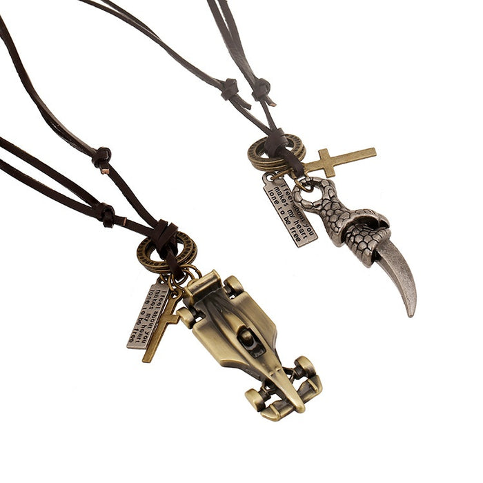 Direct European American Punk Cowhide Leather Necklace With Alloy Pendant For Unisex